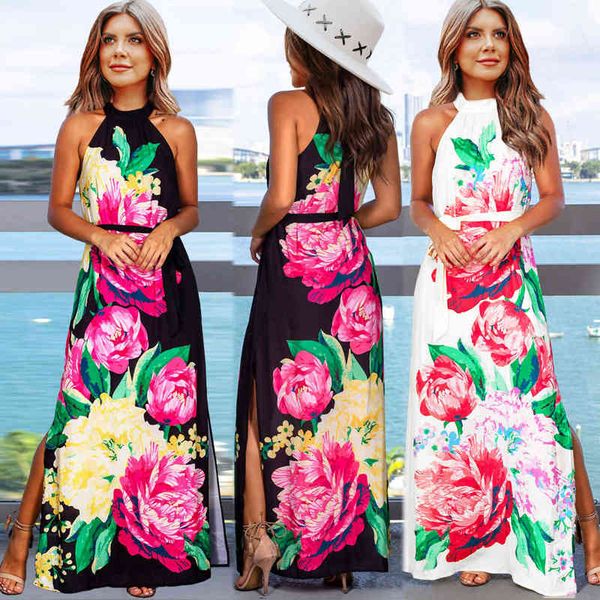 

casual dresses printed 2022 summer slim sleevels slit bandage long skirt independently developed, Black;gray