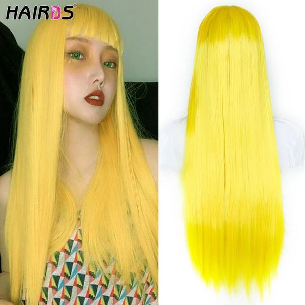 

synthetic wigs hairbs halloween cosplay wig long straight yellow hair with bangs for black white woman heat resistant
