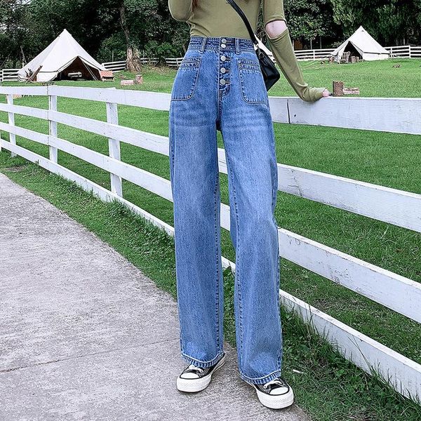 

high waist wide leg pants mom jeans row buckle straight loose mopping fashion baggy jeans cargo pants women fall 2021 women, Blue