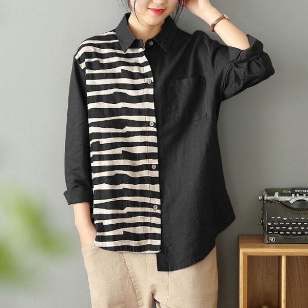 

women's blouses & shirts johnature spring patchwork striped turn-down collar pockets irregular shirt 2021 loose leisure all-match women, White