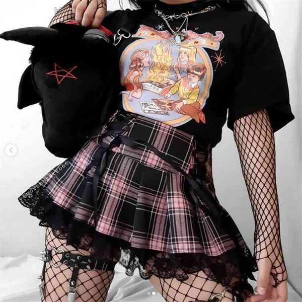 Y2k Frauen Streifen Schwarz Rosa Plissee Röcke Tank Weste Nette Süße Mädchen Schule Rock Plaid Lace Up Mini Goth Handschuhe 210629