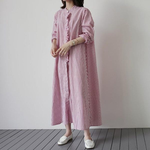 

casual dresses 2021 korean fashion stripe shirt dress long collarless autumn solid color sleeve temperament simplicity, Black;gray
