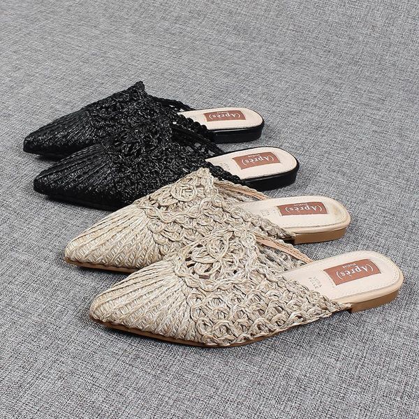 

slippers low shoes womens outdoor big size cover toe slides pantofle soft flat pointed 2021 rubber pu cane basic rome, Black