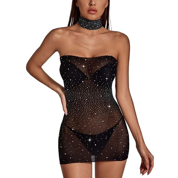 

women's swimwear summer swimwears women cover-ups mesh dress lingerie tube with diamond decoration perspective skinny fit clothing, White;black