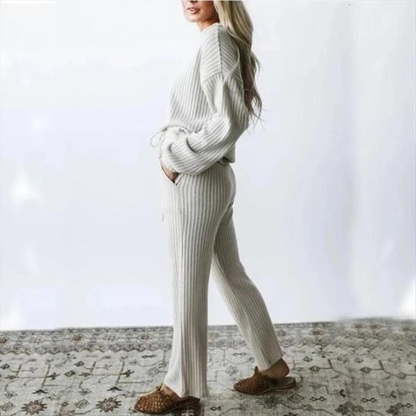 

fashion two piece outfits, womenpant long sleeve crewneck and drawstring high waist knit wide leg pants set loungewear winter, White
