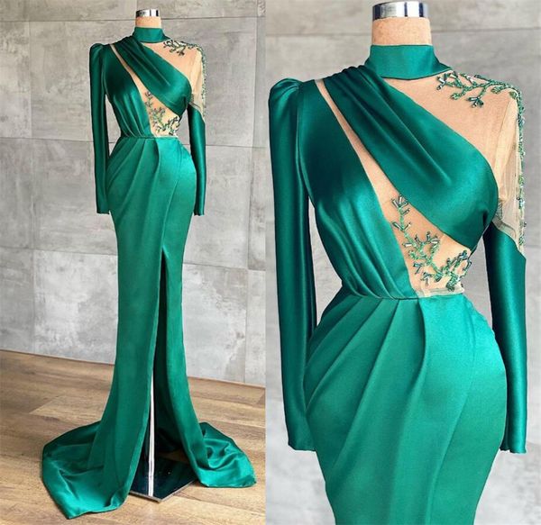 

high neck 2021 arabic green evening dresses beaded high split satin prom gowns satin formal party illsuion runway dress zj642, Black