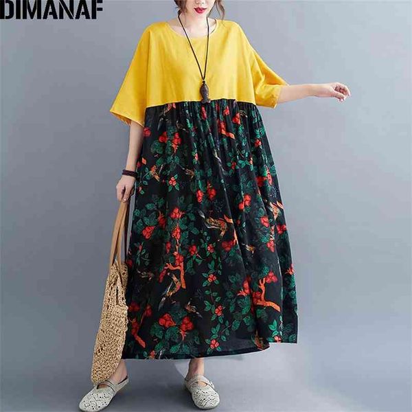 

plus size women dress lady vestidos cotton linen sundress spliced print floral loose casual maxi 5xl 6xl clothing 210531, Black;gray