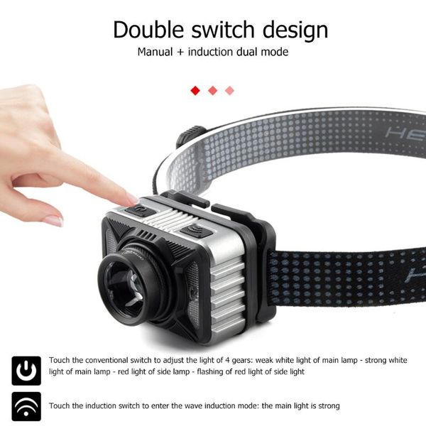 

headlamps rechargeable led headlight zoom outdoor fishing 4 gears smart sensor head lamp for family camping accessory
