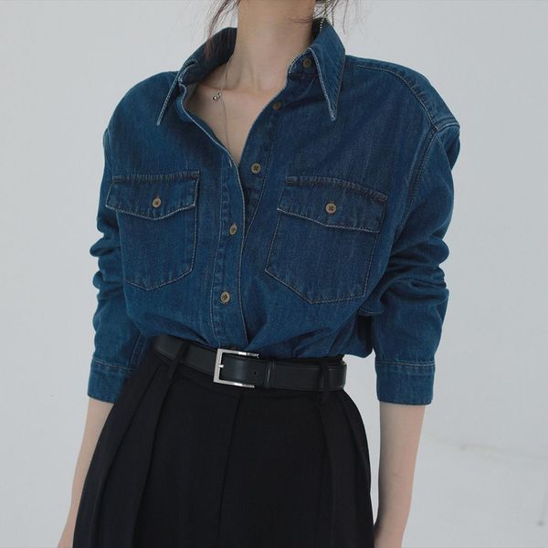 

denim dark blue loose women shirt jacket blusas mujer de moda, White