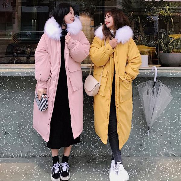 

stylish korean long down winter jacket comfortable peach skin long coats for women loose thicken parka winter overcoats, Black