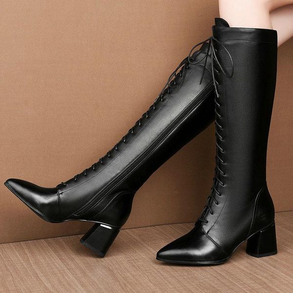 

boots est high heels cow leather women knee zipper plus size female riding lace up dancing shoes woman, Black