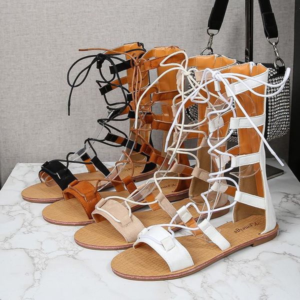 

sandals 2021 in-stock high-women's sandal with lace-up for flat shoes in large size cross-back wrap, Black