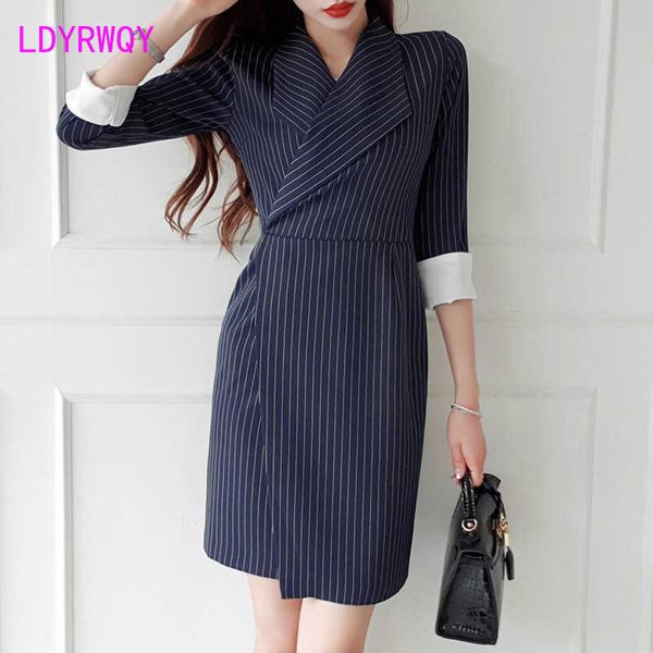 

summer korean temperament slim suit collar color matching striped bag hip professional dress 210603, Black;gray