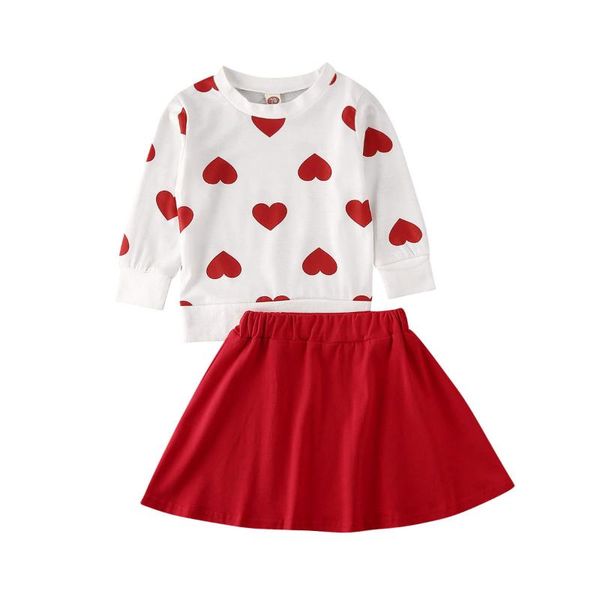 

lioraitiin 1-6years toddler 2pcs valentine clothing set baby girl long sleeve heart printed o-neck white red skirt outfit