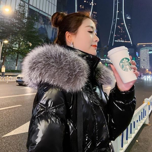 

women winter in hooded white duck down jackets mrs mid-long fur turtleneck women's shiny cotton coats outerwear c105 lg0n, Black