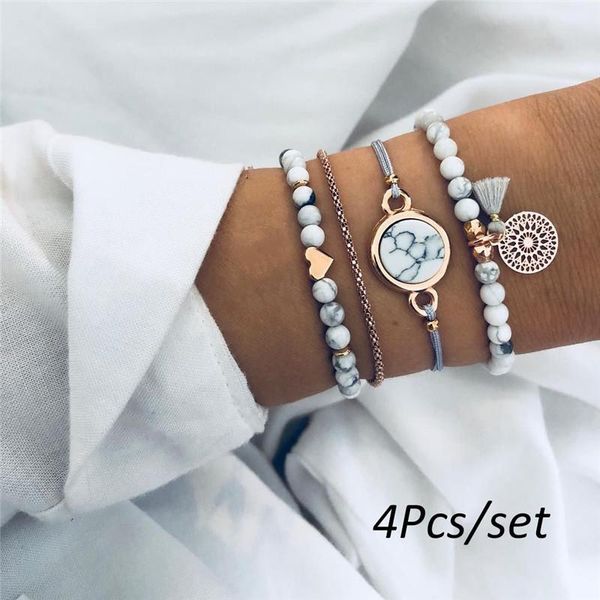 

charm bracelets 4 pcs/ set bohemian bead bracelet women tassel bangles gold heart grey rope chain sets jewelry party gifts, Golden;silver