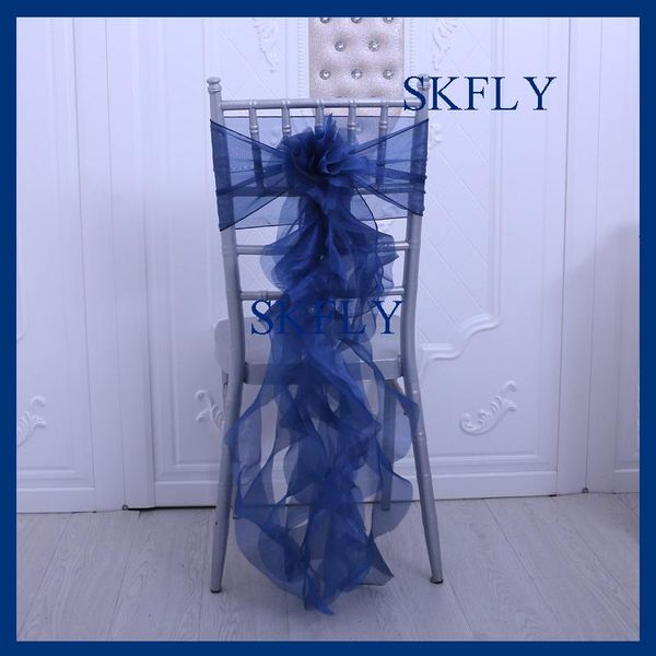 

ch098x beautiful wedding party organza frilly navy blue curly willow chair sash