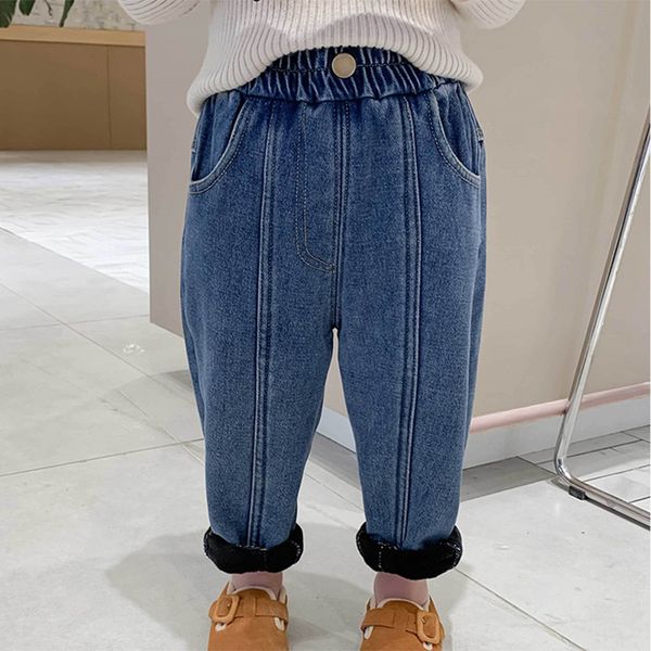 Pantaloni da ragazza foderati in pile Jeans di peluche per bambini Pantaloni caldi invernali Pantaloni da bambino Moda Jeans blu unisex per ragazzi 5-8 anni 210317