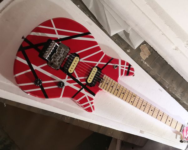 

6 strings red&black&white striped electric guitar with maple fretboard