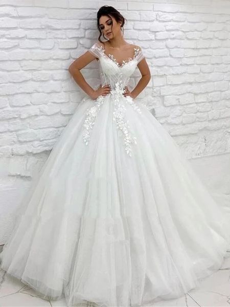 2021 elegante tule princesa vestidos de casamento sheer neck mangas rendas apliques vestido de noiva com botões traseiros robe de mariage 328 328