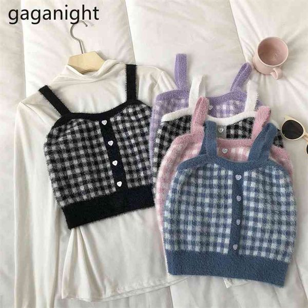 

vintage plaid tank sweet fashion cropped sleeveless summer vest women knitted crop s clothing 210601, White