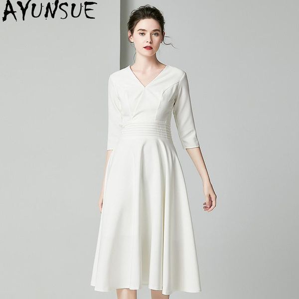 

casual dresses ayunsue spring summer white dress 2021 female high waist elegant vintage for women clothes slim midi ropa mujer, Black;gray