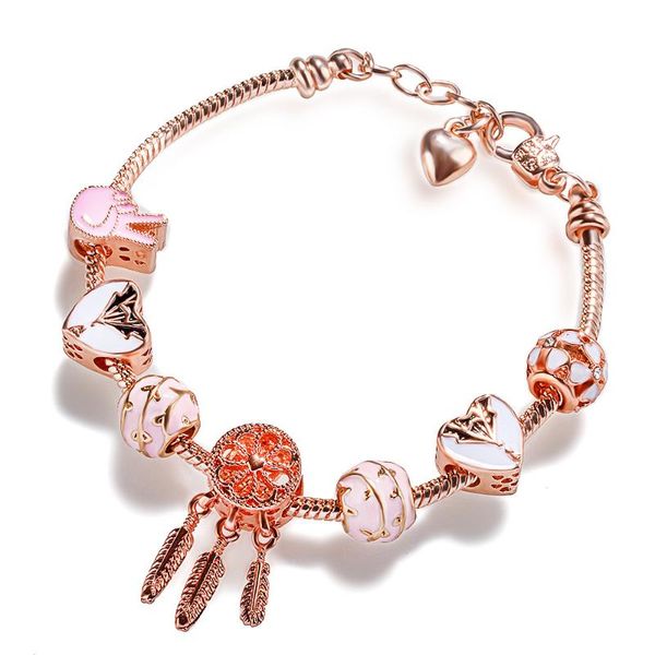 

charm bracelets 2021 bohemian gesture pink beads enamel heart dreamcatcher snake chain bangles for women rose gold bangle, Golden;silver