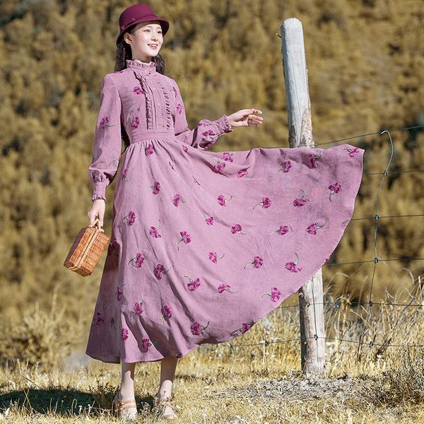 

casual dresses ng 2021 boshow women vintage long maxi spring and autumn gorgeous embroidery flowers corduroy s-l, Black;gray