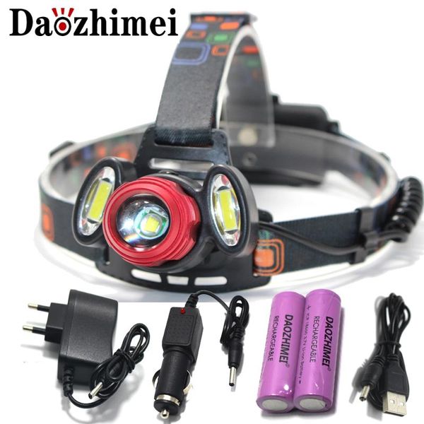 

headlamps 8000 lumen led headlamp headlight t6+2cob rechargeable zoom hunting lamp torch light +2x18650 battery +ac car usb charger