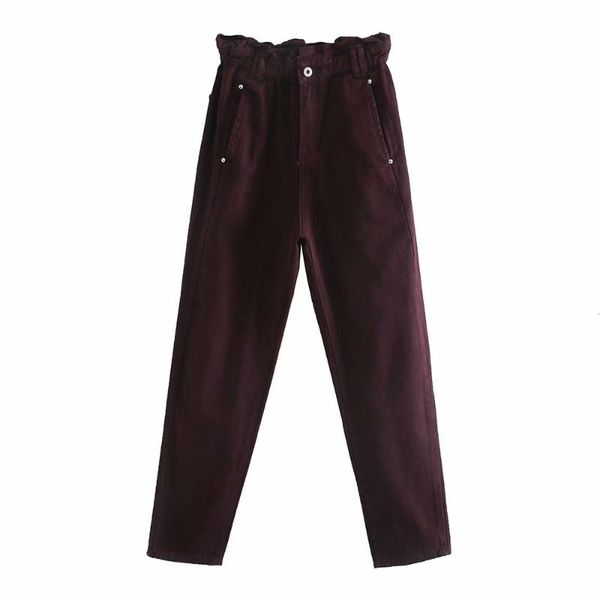 

women's jeans spring and autumn paper bag style solid color long high waist slim loose, Blue