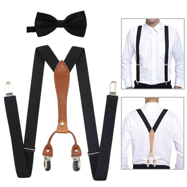

black suspenders bow tie set for men boy wedding party event x-back 4 clips adjustable elastic trouser brace strap belt dad gift, Black;white
