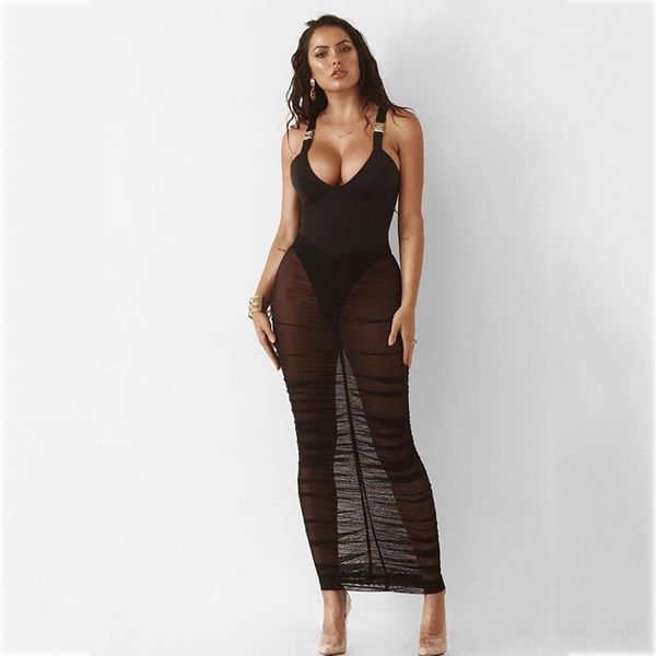

women's swimwear see through mesh pleated skirt for beach bikini cover-ups women high waist stacked sheer skirts maxi bodycon cover ups, White;black