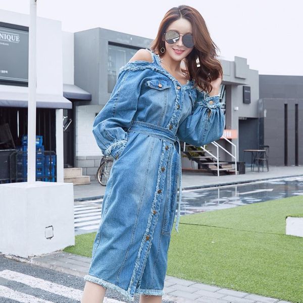

casual dresses s-xl autumn spring long wrap hip off shoulder sleeve denim dress lady summer holiday leisure midi, Black;gray