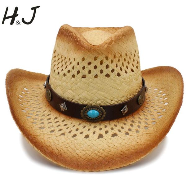 

stingy brim hats women men western sun hat with leather punk band handmade weave sombrero cowboy size 58cm a0130, Blue;gray