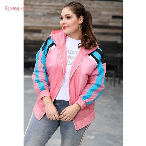 

plus size outerwear & coats fat lady large women's autumn pink contrast color hooded fashion casual coat 818211211