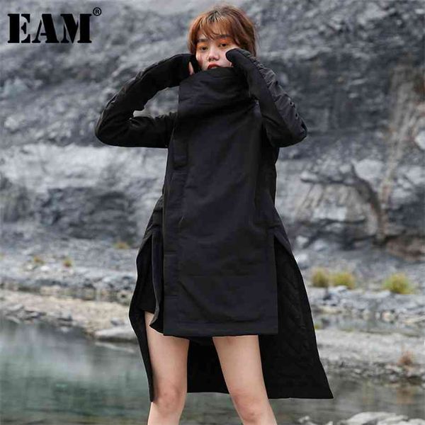 

[eam] black irregular long cotton-padded coat sleeve loose fit women parkas fashion autumn winter ya77101 210923