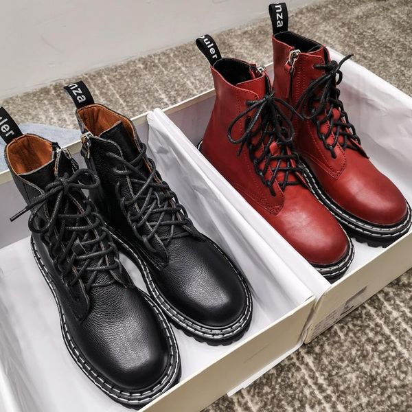 

boots women 2021 leather british style thick soles breathable biker short, Black