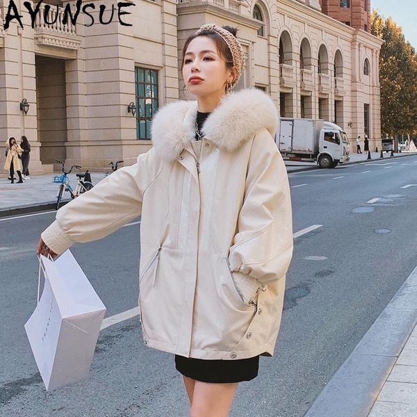 

women's down & parkas ayunsue winter jacket women hooded parka fur collar jackets for woman 2021 lady midi long clothes casaco feminino, Black