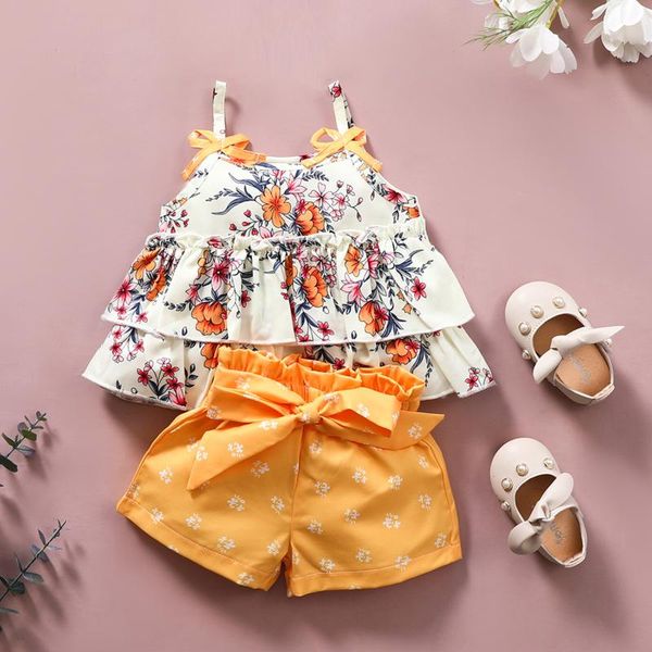

clothing sets toddler baby kids girls ruffle floral print tiered sun-shorts outfits set winter keep warm clothes fahsion l4, White