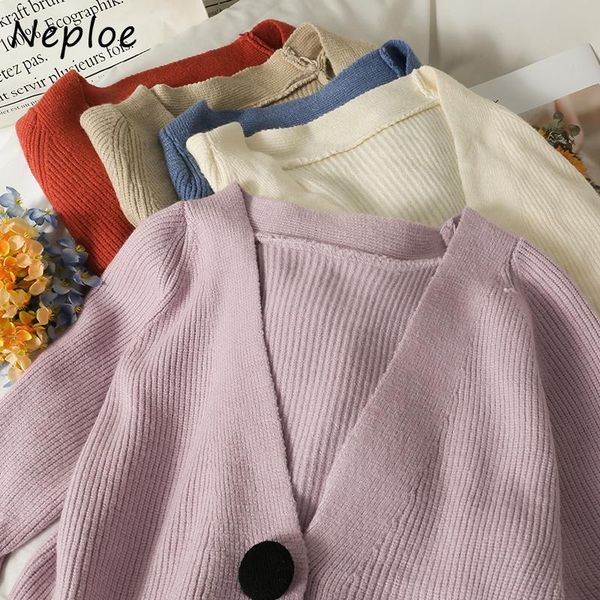 

women's knits & tees neploe solid color two-button short knitting female cardigan v-neck long sleeve jackets woman 2021 autumn sweater, White