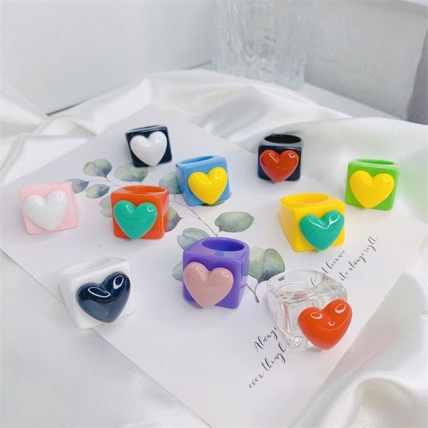 

cluster rings fashion cute colorful heart resin acrylic finger for women harajuku handmade transparent charms friendship jewelry, Golden;silver