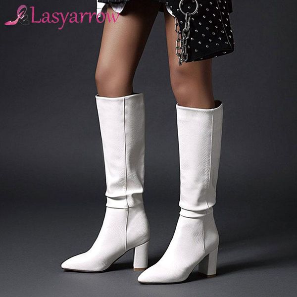 

boots lasyarrow plus size 34-43 2021 women thick high heels winter knee female pointed toe fashion zipper shoes, Black