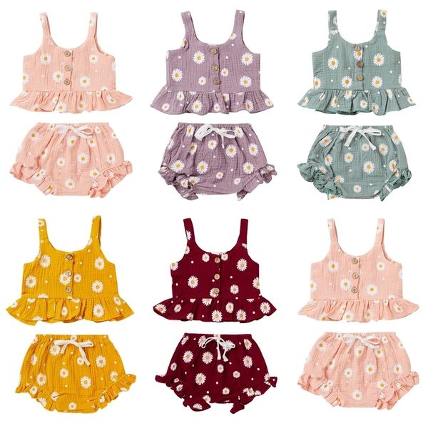 1-5Y Verão Crianças Crianças Garotas Roupas Sets Sling Ruffles Button Crop Tops + Cintura Alta Shorts Crianças Meninas Roupas Tracksuits 210317