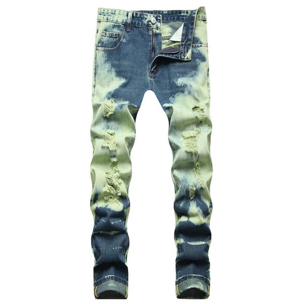 

men's jeans 2021 casual mid-waist ripped two-tone youth straight blue four seasons