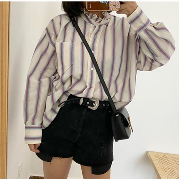 

women ruffled blouse front short back long silhouette vertical stripe long sleeve loose shirt with single pocket, White