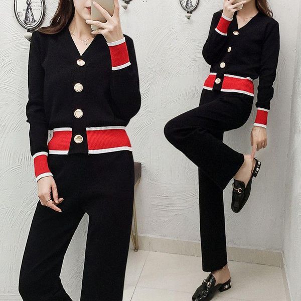 

women's two piece pants korean slim long sleeve knitted cardigan suit wommen office leisure wide leg elegant loose set, White