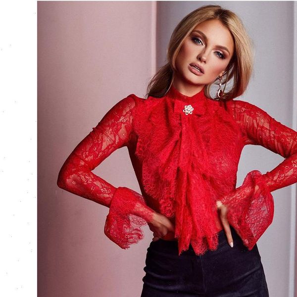 

ruffles lace blouse 2021 korean women office ladies work elegant fashion long sleeve chiffon floral print shirts red pink, White
