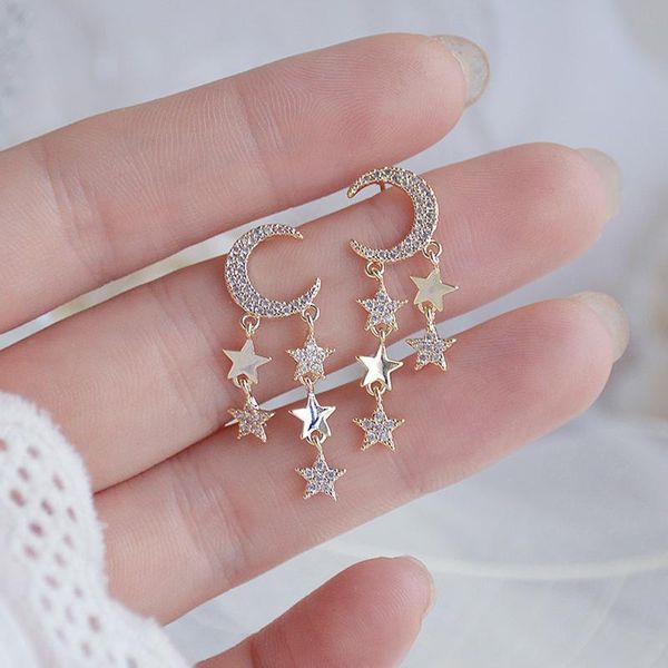 

stud fashion brand jewelry 14k gold plated star tassel earrings for women gift shining zircon moon, Golden;silver