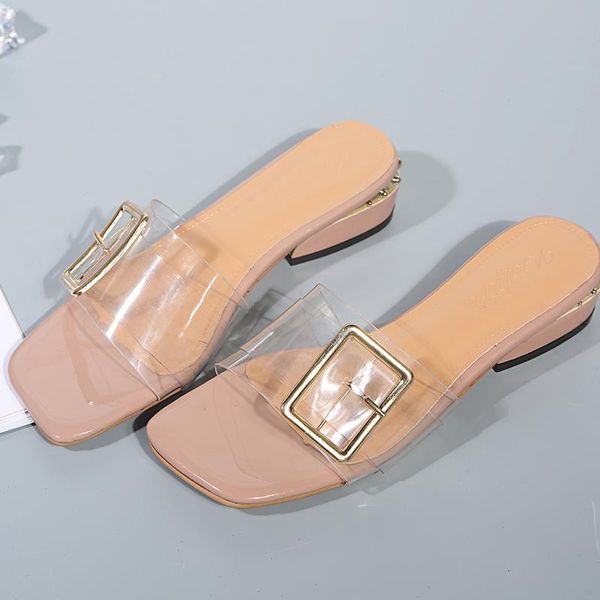 

slippers buckle women shoes 4cm oval heels transparent flip flops mujer summer slides plus size 34-44 woman, Black