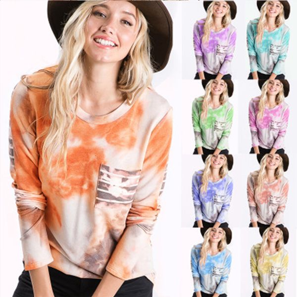 

2021 new casual women tie-dye print t-shirt spring autumn long sleeve o-neck patchwork ladies pocket t-shirts y3zg, White